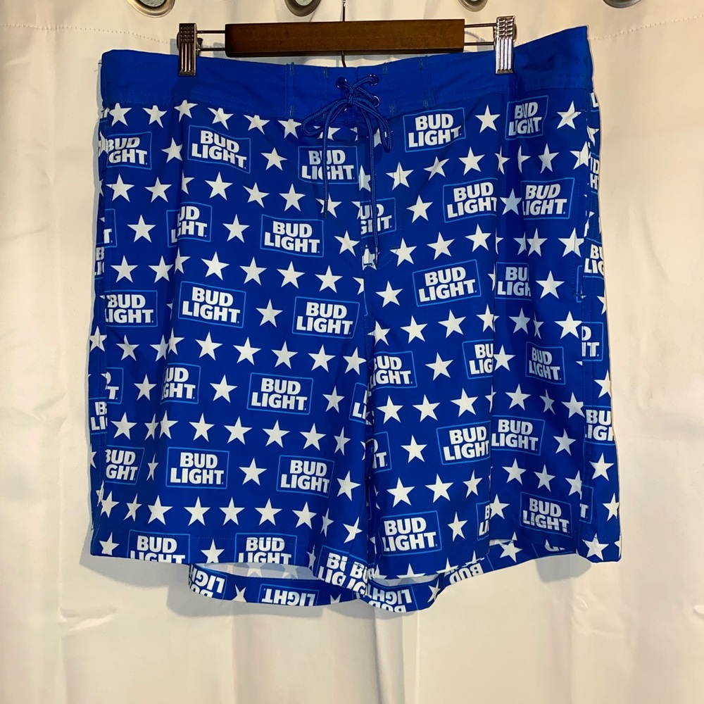 Bud Light Swim Trunks Mens XL  Blue All Over Print Mesh Lining Pockets Casual